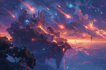 A vibrant illustration of a fantasy world where meteors light up the sky of a floating island,