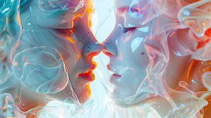 Obraz premium The camera slowly slides over a close-up of a couple in love, against the background of holographic glass sculptures and a pale blue background, as if capturing the moment of their emotional intimacy 
