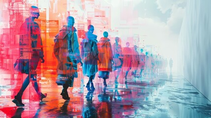 Impressionist painting of people walking on a city street with a blue background, wearing colorful clothes.