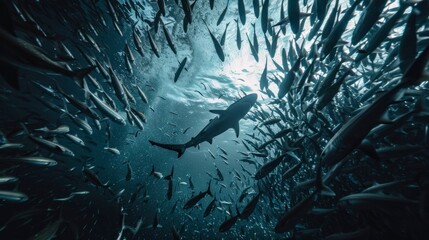 shark swimming surrounded by fish or sardines