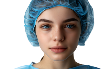 Close up of female wearing medical cap, getting ready for filler injection on isolated transparent background