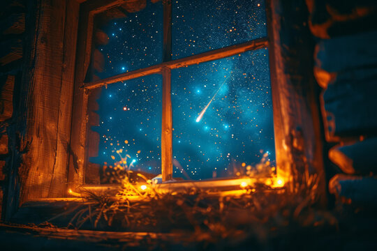 A dreamy scene of a meteor shower seen through the window of a cozy attic room,