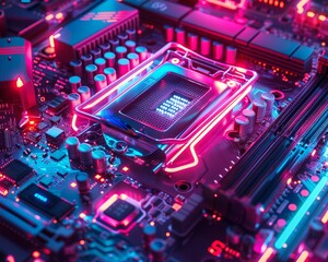 Fototapeta premium Neon-lit gadgets gleaming in a dim room, soft glow, close-up, vivid colors, crystal clear focus, super detailed , ultra HD,