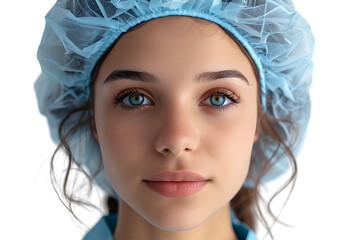 Close up of female wearing medical cap, getting ready for filler injection on isolated transparent background