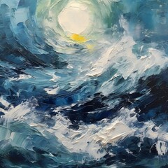 Abstract oil painting on canvas. Seascape with sea and sun.