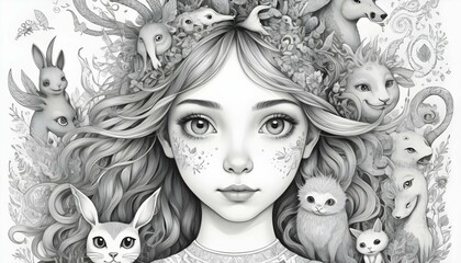 Craft a line art portrait of a girl with a whimsic upscaled 3