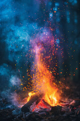 An artistic representation of a campfire scene with vibrant, abstract colors showing the warmth and joy of the gathering,