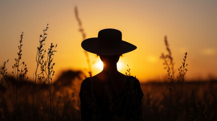 Woman in hat silhouetted against sunset in a field