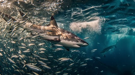 Shark swimming surrounded by fish or sardines in the sea in high resolution and quality