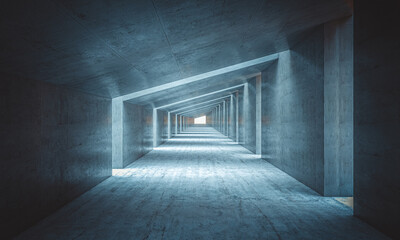 Futuristic concrete corridor with blue lighting
