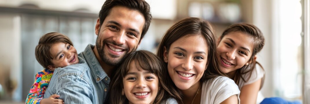 A portrait of a happy family hugging each other in the room and smiling and laughing at camera, website banner style.