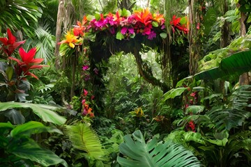 Tropical rainforest with colorful flowers