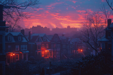 A row of old townhouses silhouetted against a sunset with layers of pink, orange, and blue,