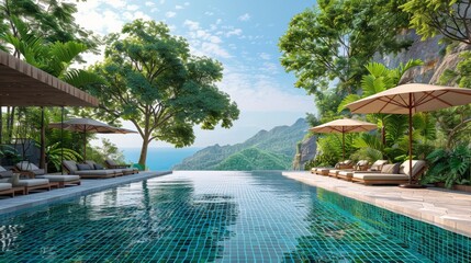 Pool Overlooks Ocean and Mountains