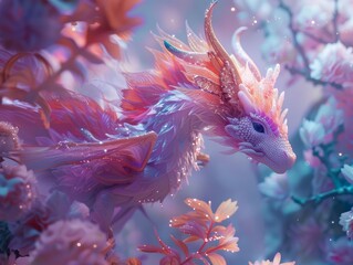 A beautiful ethereal dragon soars gracefully through a vibrant magical forest, its shimmering scales reflecting the sunlight