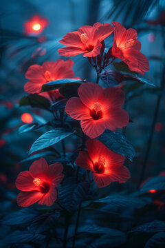 A night scene in the tropical forest with glowing flowers and nocturnal eyes peering through the darkness,