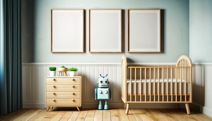 Three poster frame mockup in child room with oval crib, boy's room background, robot toy on wooden floor, modern dresser on fresh light blue wallpaper, copy space.