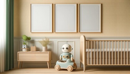 Three poster frame mockup in child room with oval crib,kid's room background, robot on round sofa, pastel yellow wallpaper, copy space.