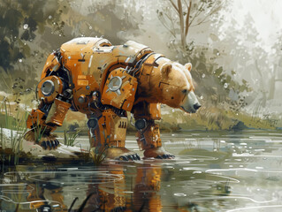 A robotic bear stands in a river, fishing