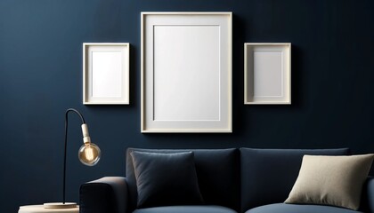 Three blank frames on Scandinavian living room navy painted wall, featuring a beige sofa against a dark navy wall. Three blank mock-up poster frames in a light oak finish 