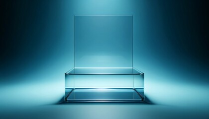 Empty blue glass showcase display podium on minimal blue background, modern display glass stage for business product, scientific or digital product show, with light.