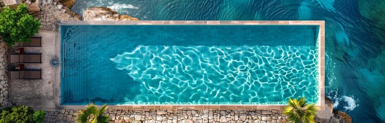 Obraz premium Aerial view of a swimming pool by the sea. Travel and luxury resort theme Banner with copy space