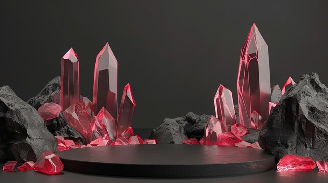 3d presentation pedestal or dais with red ruby crystal at background, stage podium elegant luxury stand on dark background, for precious product display showcase.