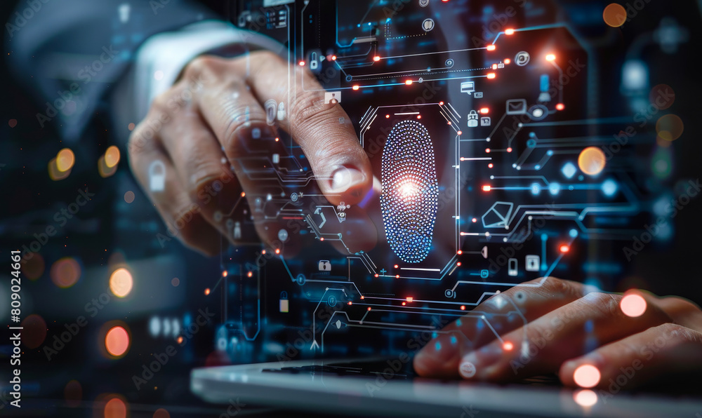 Aufkleber biometric fingerprint scanning for network security - businessman unlocking data privacy and cyber p