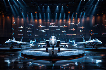 An aerospace technology demonstration on a circular stage, showcasing scale models of new aircraft and spacecraft designs,