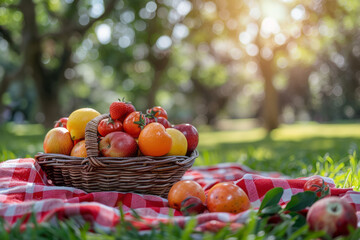 Vibrant picnic scene with a bright red checkered blanket on lush green grass, a basket overflowing with colorful fruits, - Powered by Adobe