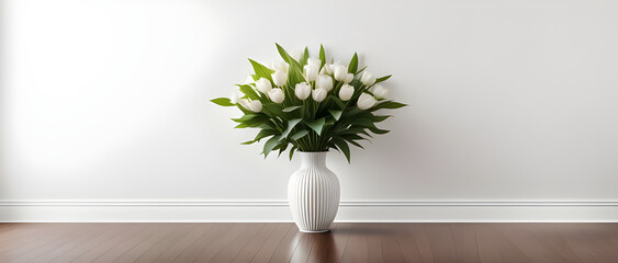 White wall background, brown parquet floor, vase of white flower plant.