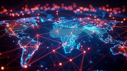 Obraz premium Detailed illustration of a global network, showing interconnected points across a map of the world, highlighted by beams of light, symbolizing connectivity