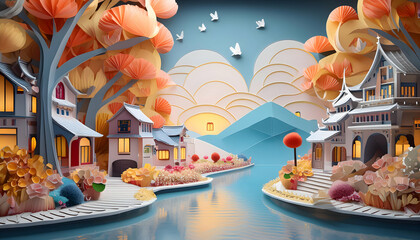 Create a majestic illustrated in a magical street, surrounded by shimmering lakes and color on digital art concept.