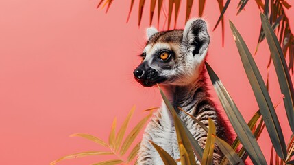 Naklejka premium Lemur Portrait Against Pink Background