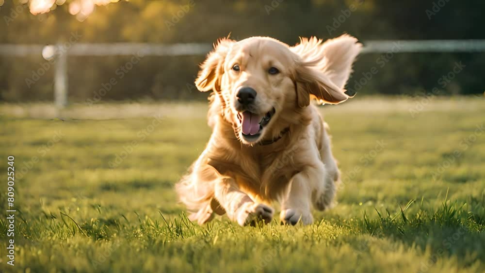 Poster golden retriever running through grassy field generative ai