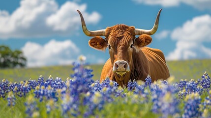 Texas Longhorn cow in spring in a field of bluebonnets. Posing texas longhorn in bluebonnets. Longhorn cattle laying in bluebonnets.