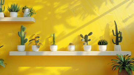 
yellow wall with shelves filled with cacti in white pots, aesthetic pastel yellow background