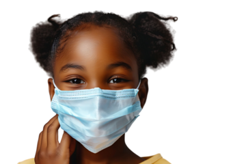 African school girl taking off face mask after the end of pandemic on isolated transparent background