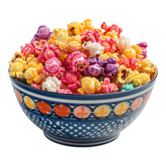 Colorful popcorn in bowl isolated on transparent background.