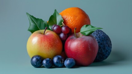 assorted fresh fruits isolated on blue background apples blueberries avocado grapes orange studio shot still life