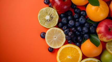 assorted fresh fruits isolated on orange background mixed berries apples citrus fruits studio shot still life flat lay