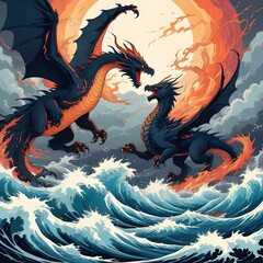 Dragon and eagle face off over raging ocean under thunderstorm-filled skies