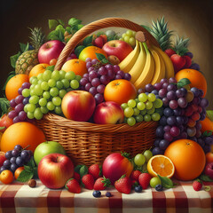 fruits and vegetables in basket  fruit, food, apple, orange, fresh, pineapple, fruits, isolated, basket, banana, healthy, grape, citrus, kiwi,Ai  generated 