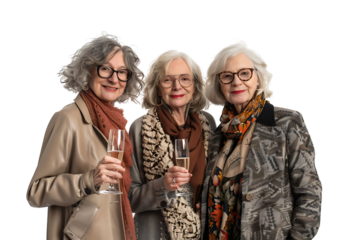 Stylish senior females standing together holding glasses of champagne on isolated transparent background