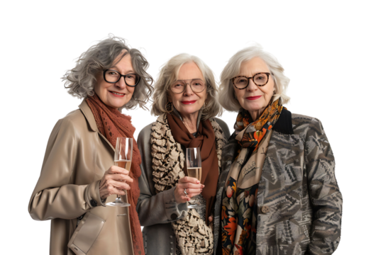 Stylish senior females standing together holding glasses of champagne on isolated transparent background