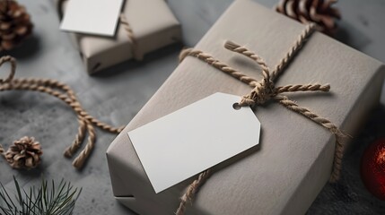 Gift Box with Blank Tag Wrapped in Twine on Rustic Background