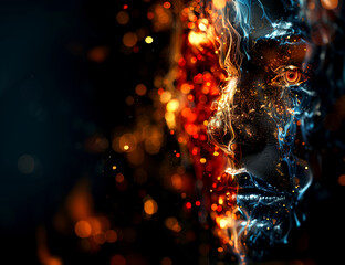 Closeup of persons face engulfed in flames, contrasting with dark sky