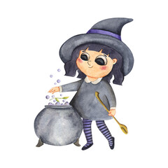 Hand-drawn watercolor little funny brunette witch in a hat with a cauldron