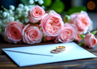 A white envelope with two rings on top of it and a bouquet of pink roses