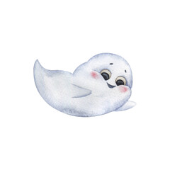 Hand-drawn watercolor cute little funny ghost